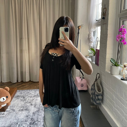 preppy burberry blue label black puff sleeve babydoll nova check milkmaid top