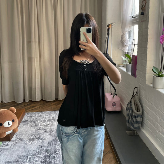 preppy burberry blue label black puff sleeve babydoll nova check milkmaid top