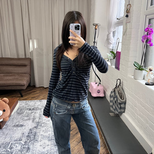 killah navy striped long sleeve v neck button down fitted shirt