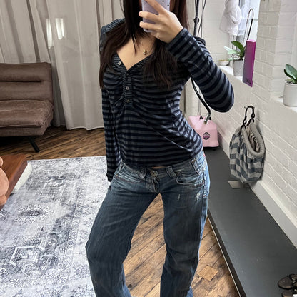 killah navy striped long sleeve v neck button down fitted shirt