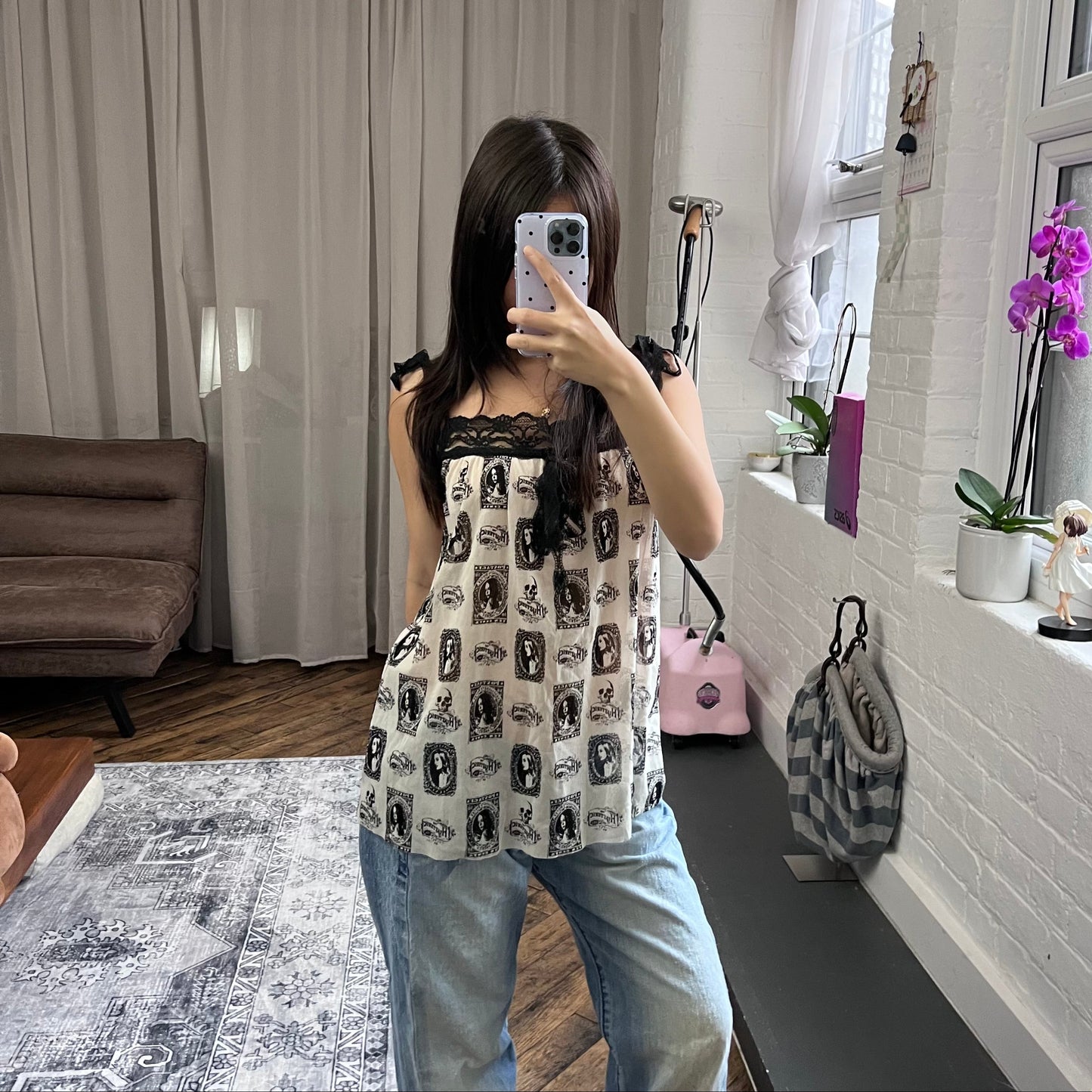 silk hysteric glamour sheer white black ornamental portrait graphic print lace camisole