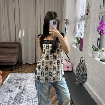 silk hysteric glamour sheer white black ornamental portrait graphic print lace camisole