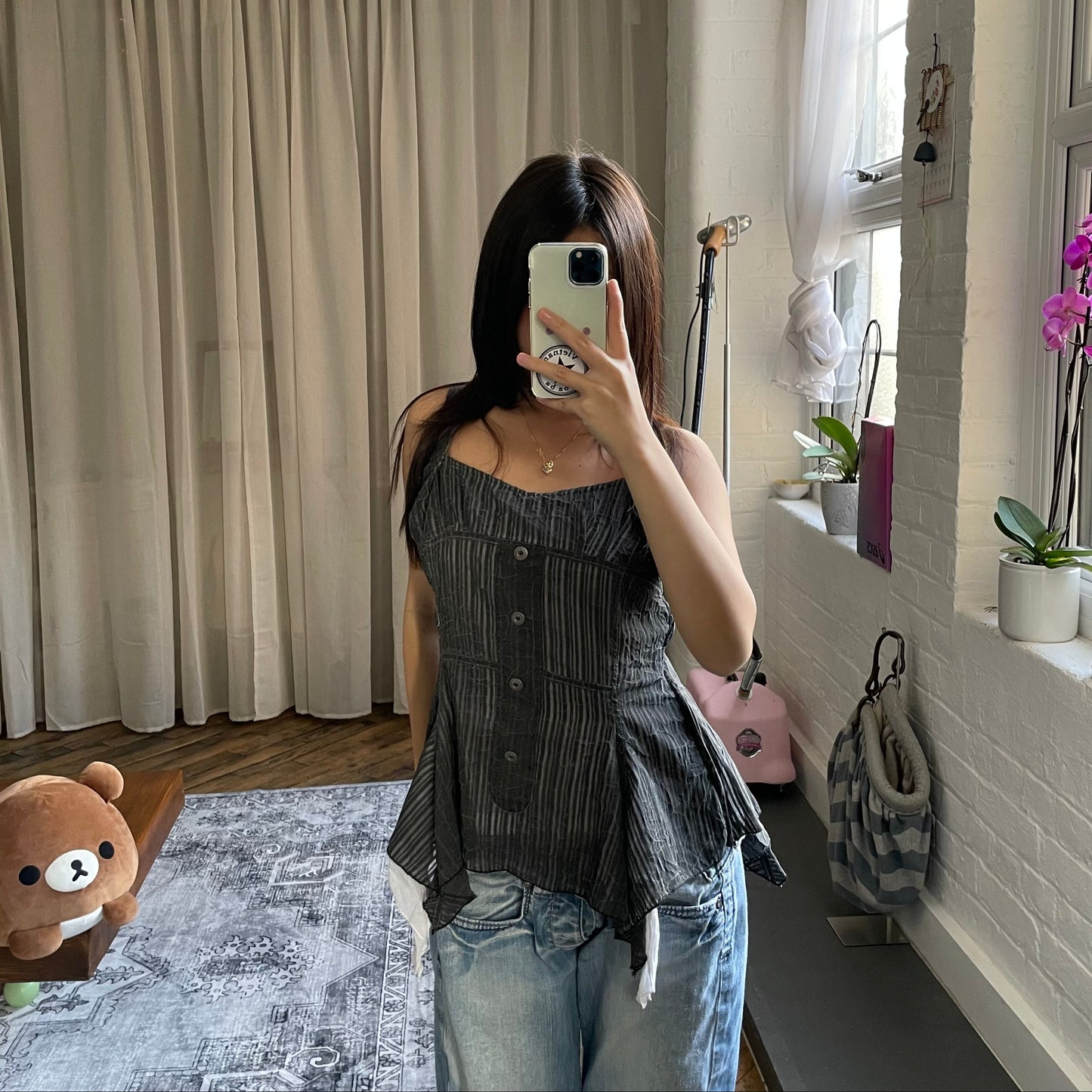 daks grey pinstripe ruched milkmaid bustier ruffle hem top