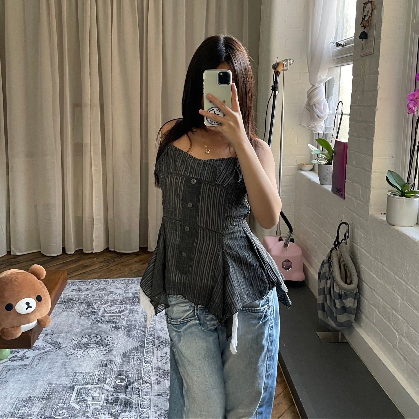 daks grey pinstripe ruched milkmaid bustier ruffle hem top