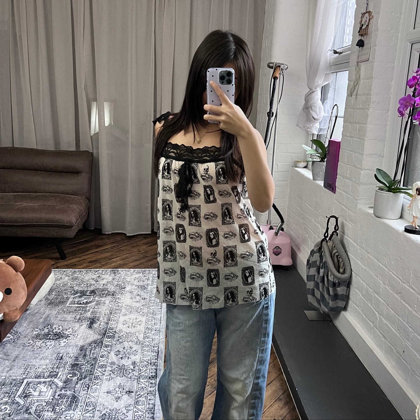 silk hysteric glamour sheer white black ornamental portrait graphic print lace camisole