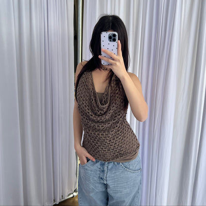 Paola Frani Khaki Brown Perforated Hole Draped Layered Tunic Vest Top
