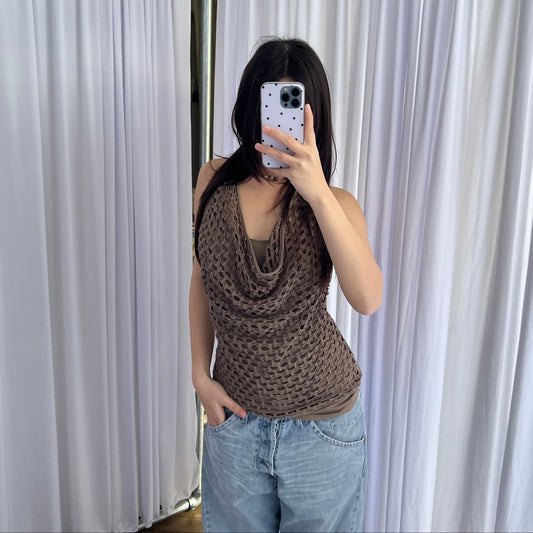 Paola Frani Khaki Brown Perforated Hole Draped Layered Tunic Vest Top