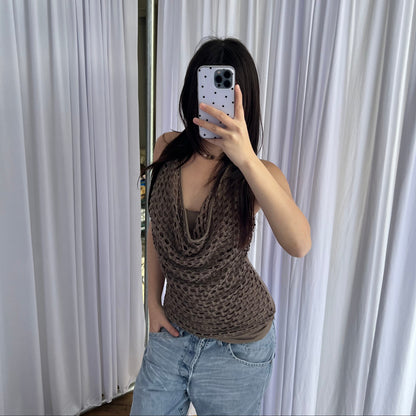 Paola Frani Khaki Brown Perforated Hole Draped Layered Tunic Vest Top