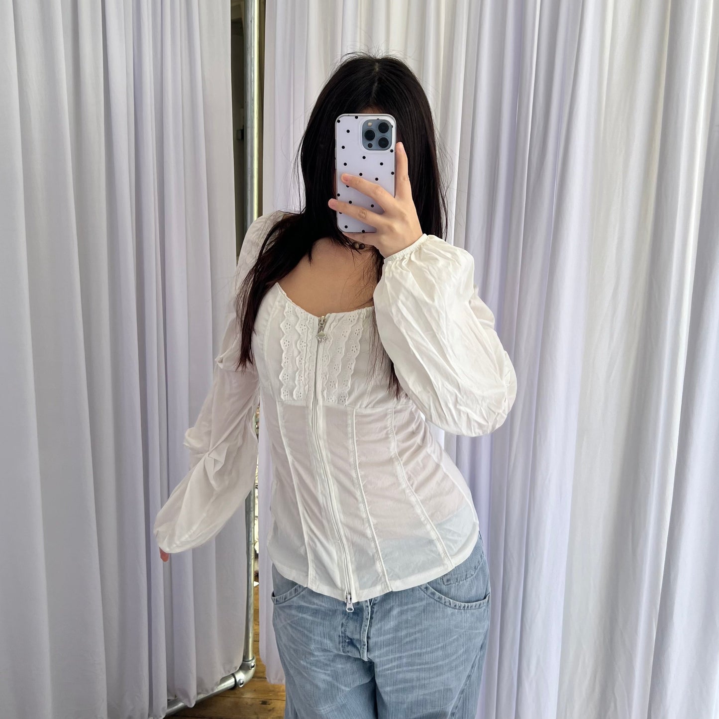 Siste's White Long Sleeve Ruffle Lace Blouse Top