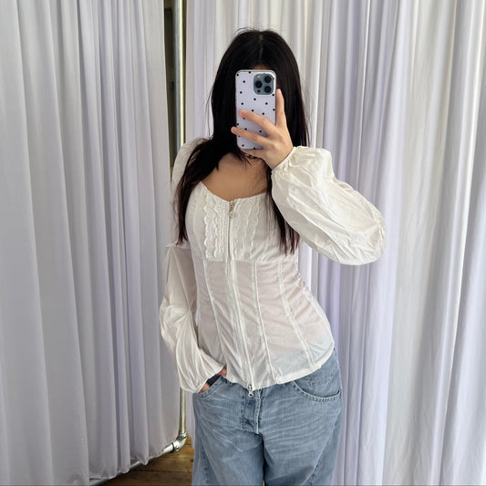 Siste's White Long Sleeve Ruffle Lace Blouse Top