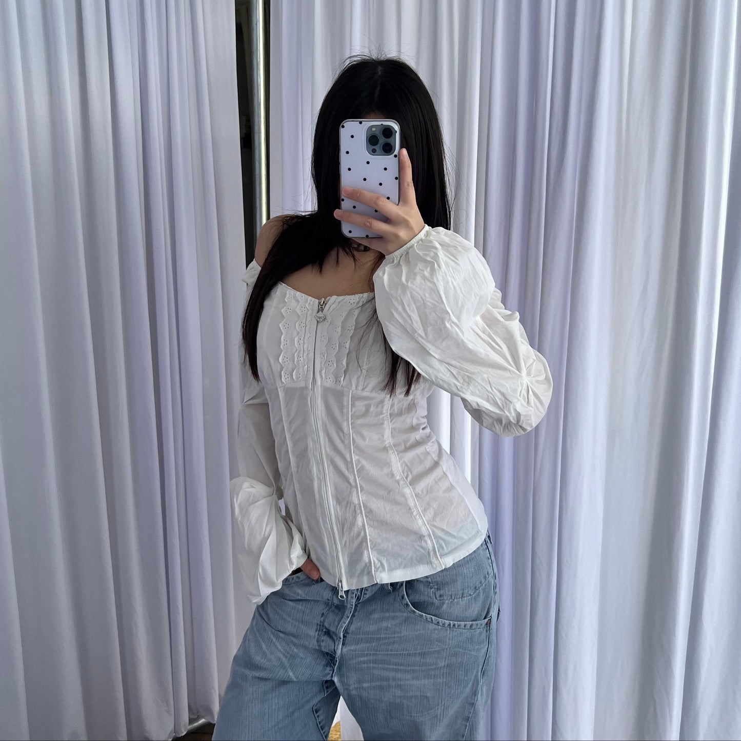 Siste's White Long Sleeve Ruffle Lace Blouse Top
