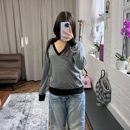 black grey striped g-star striped v neck long sleeve embroidery graphic sweater