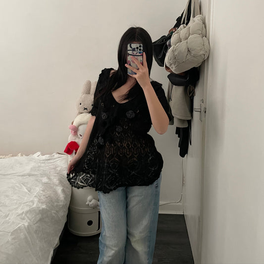 pink house black frilly mohair blend fine knit blouson