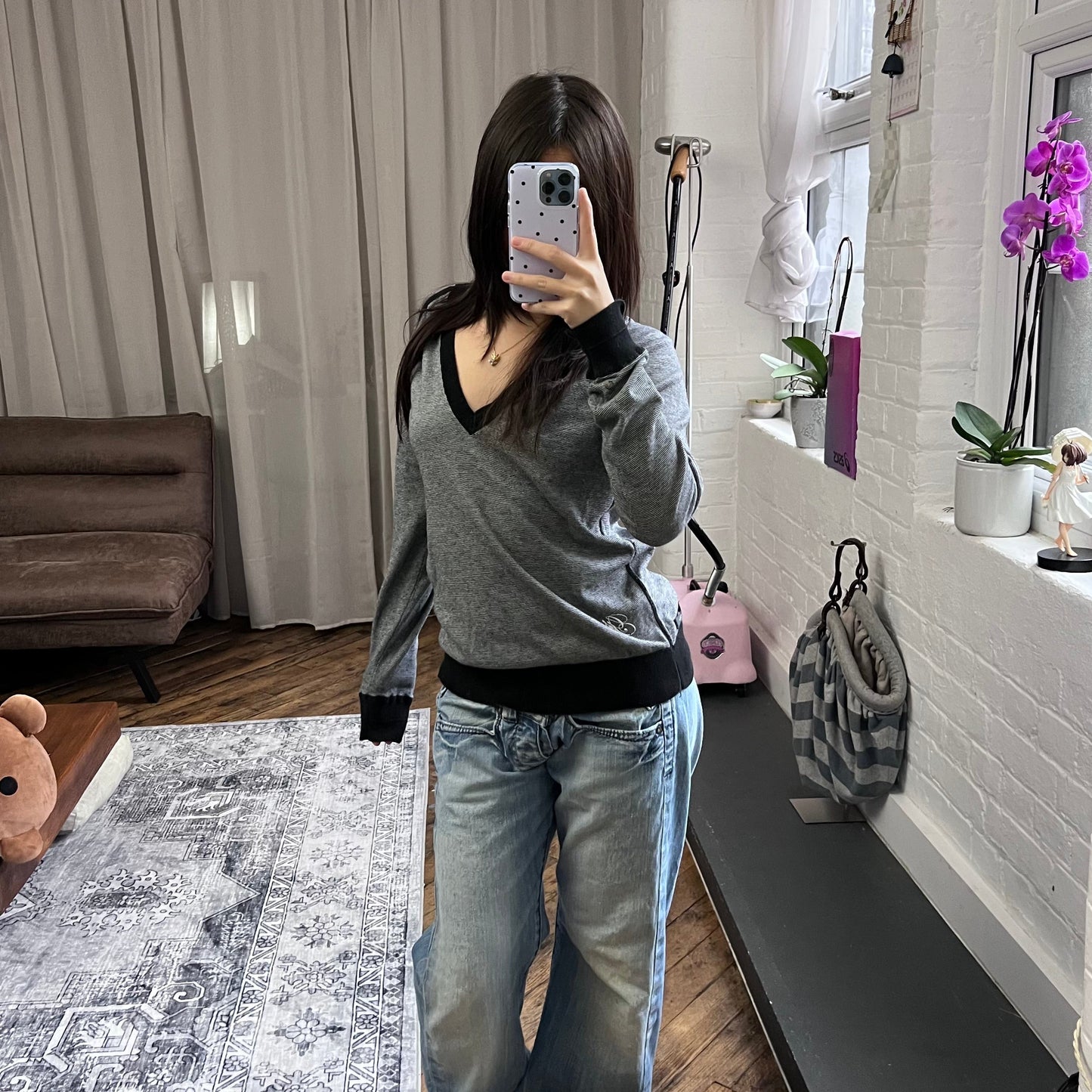 black grey striped g-star striped v neck long sleeve embroidery graphic sweater