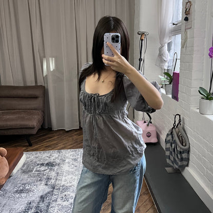 benetton purple grey puffed half sleeve milkmaid style ruched bust babydoll blouson