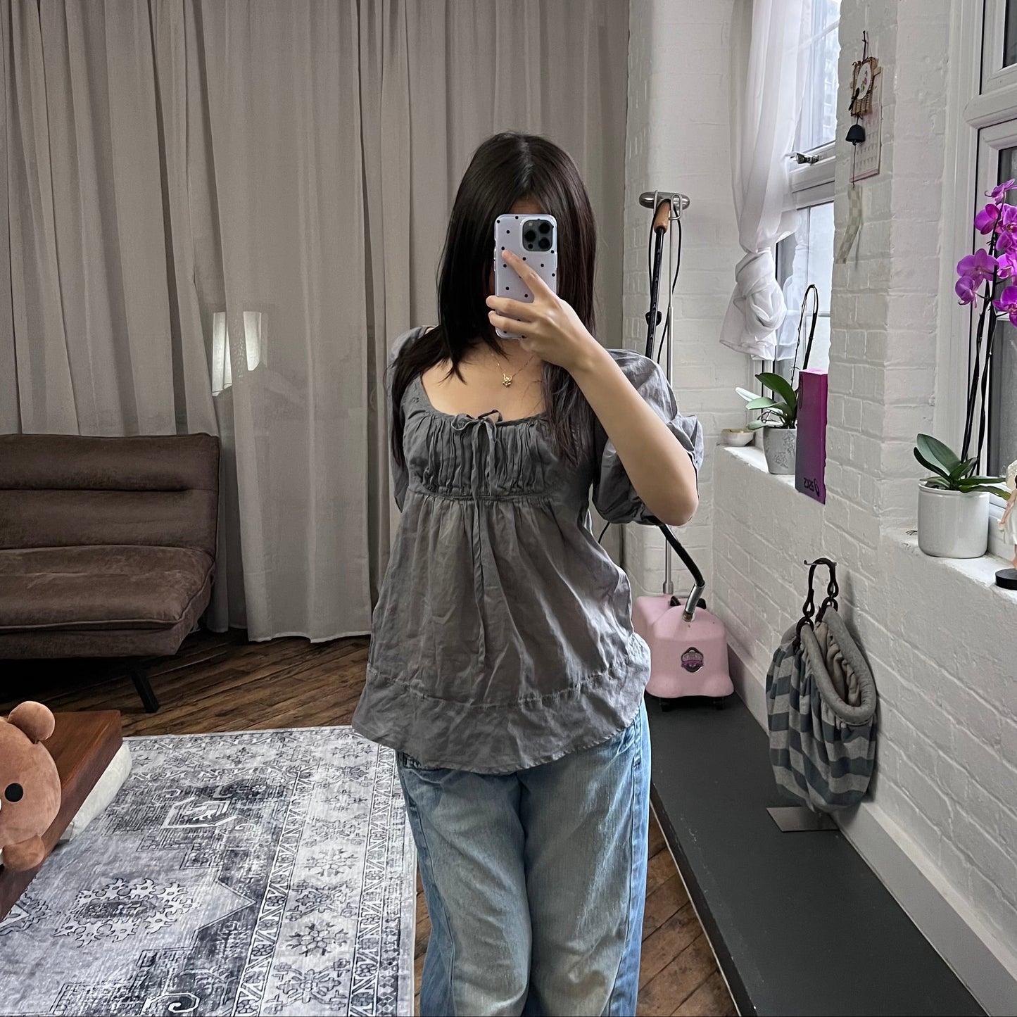 benetton purple grey puffed half sleeve milkmaid style ruched bust babydoll blouson