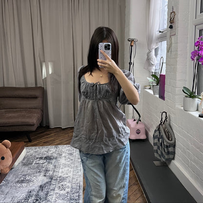 benetton purple grey puffed half sleeve milkmaid style ruched bust babydoll blouson