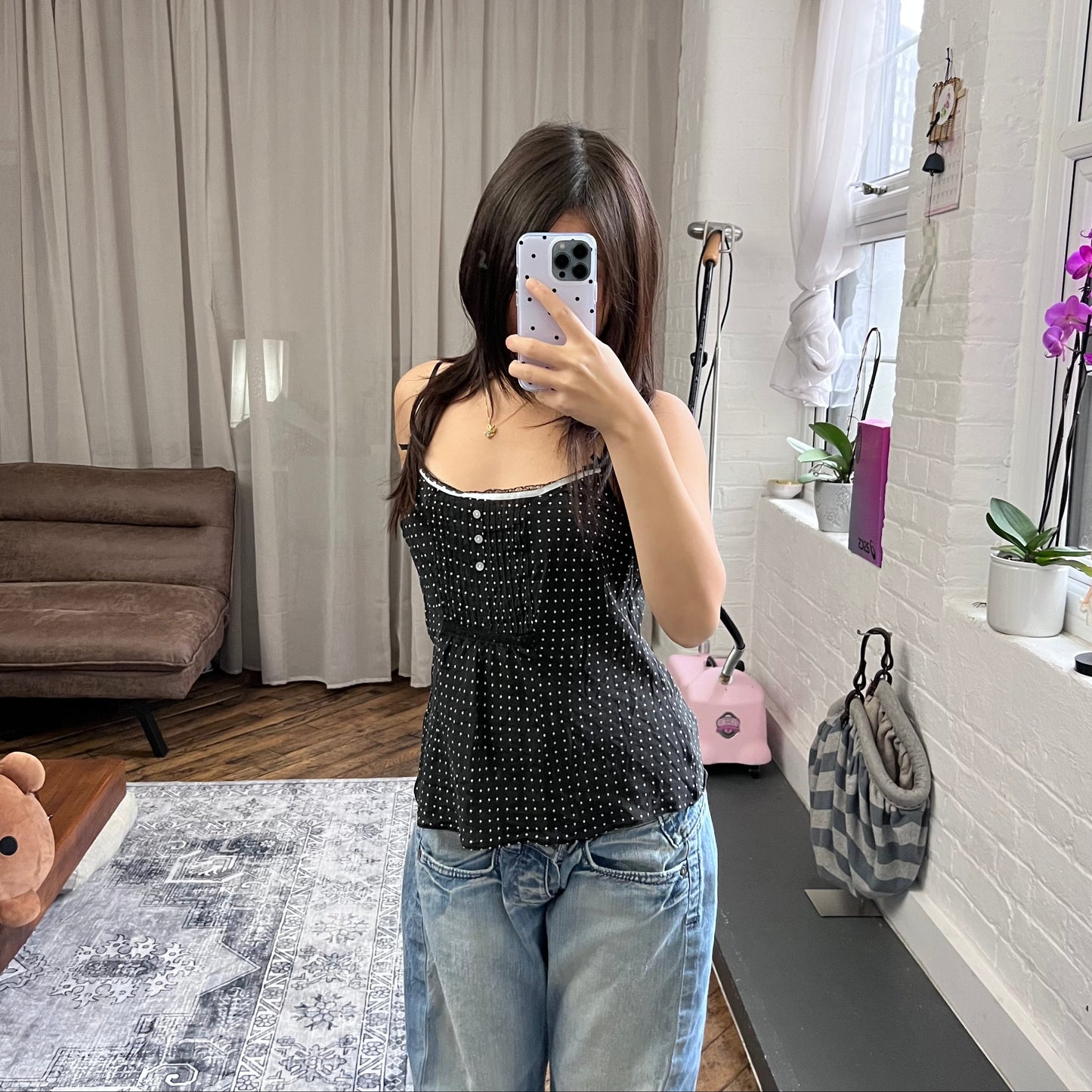 etam black sillk coquette balletcore polka dot camisole