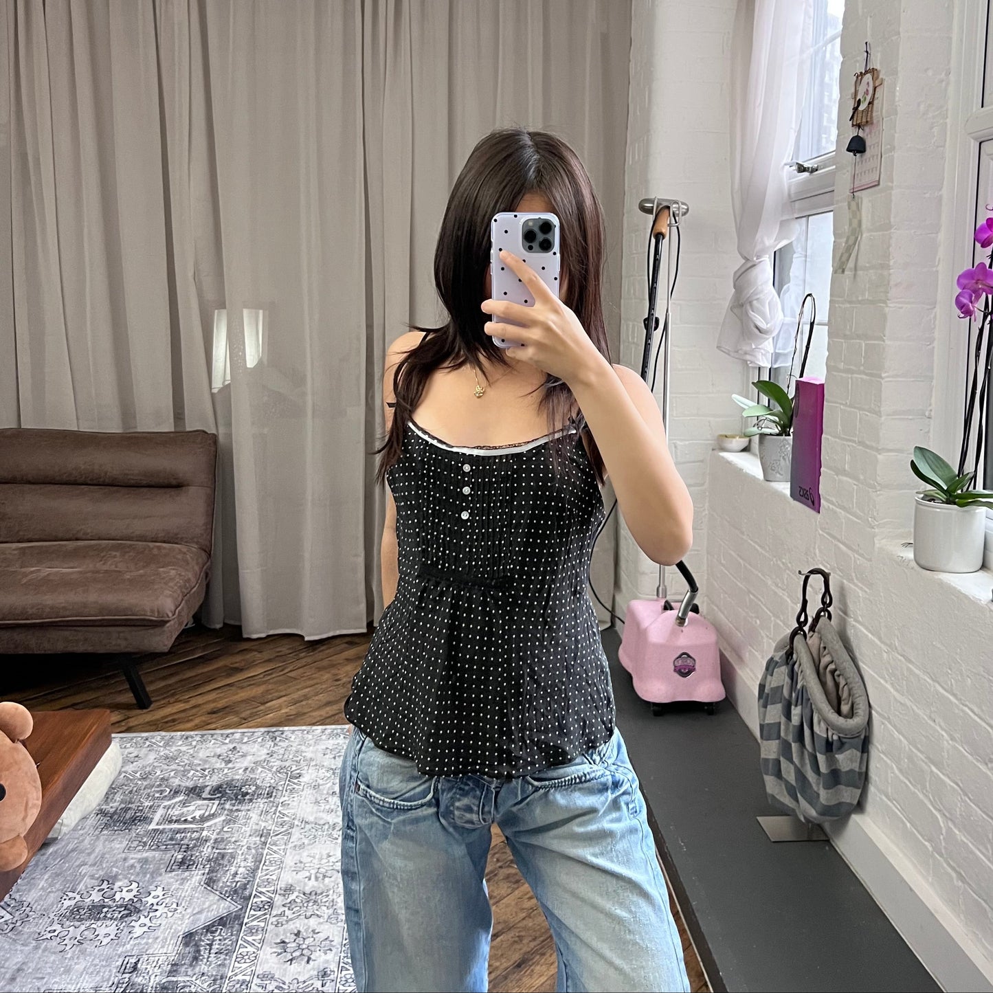 etam black sillk coquette balletcore polka dot camisole