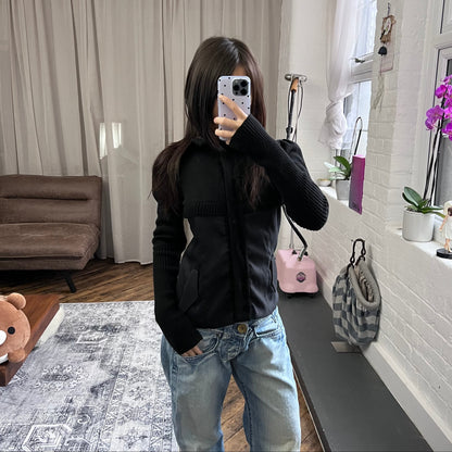 nell & me black merino wool blend mix material blocking long sleeve collared cardigan jacket