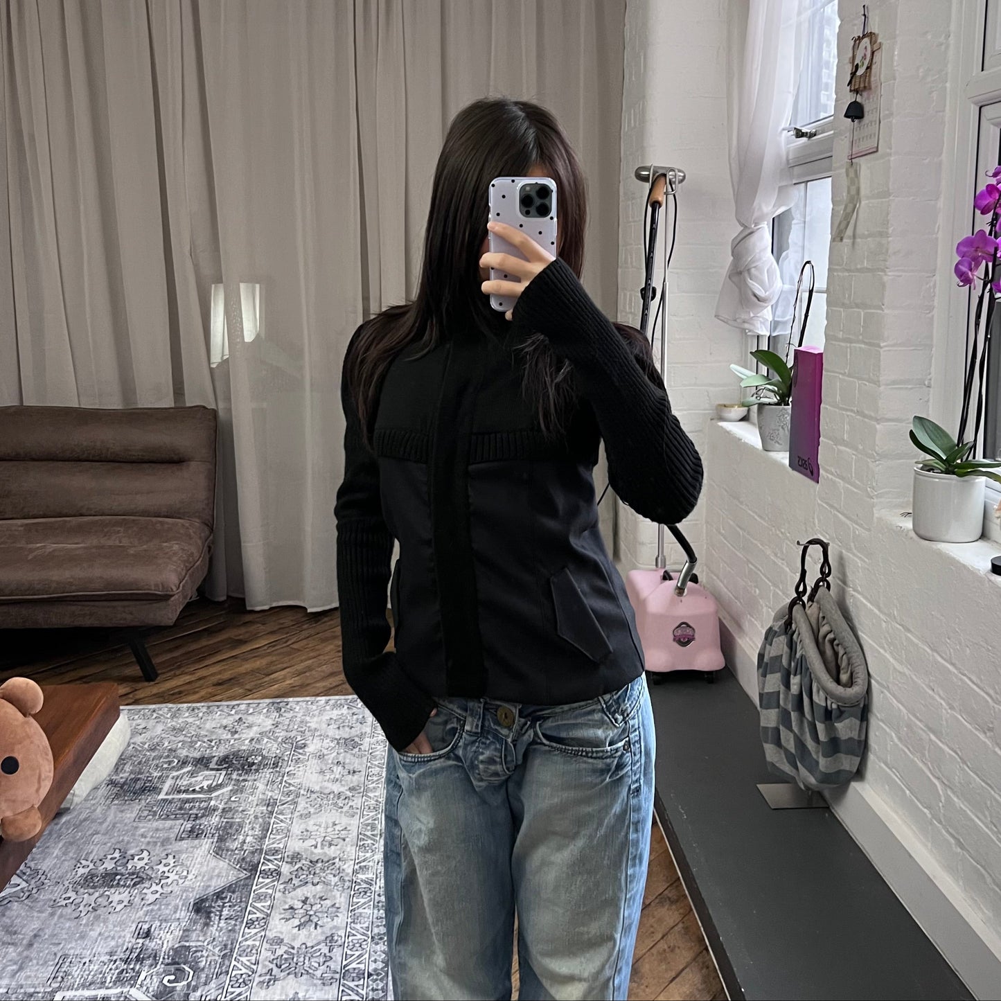 nell & me black merino wool blend mix material blocking long sleeve collared cardigan jacket