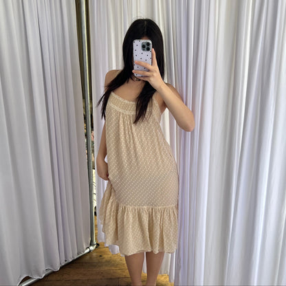 Rebecca Taylor Cream Silk Blend Polka Dot Drop Waist Ruffle Hem Maxi Dress