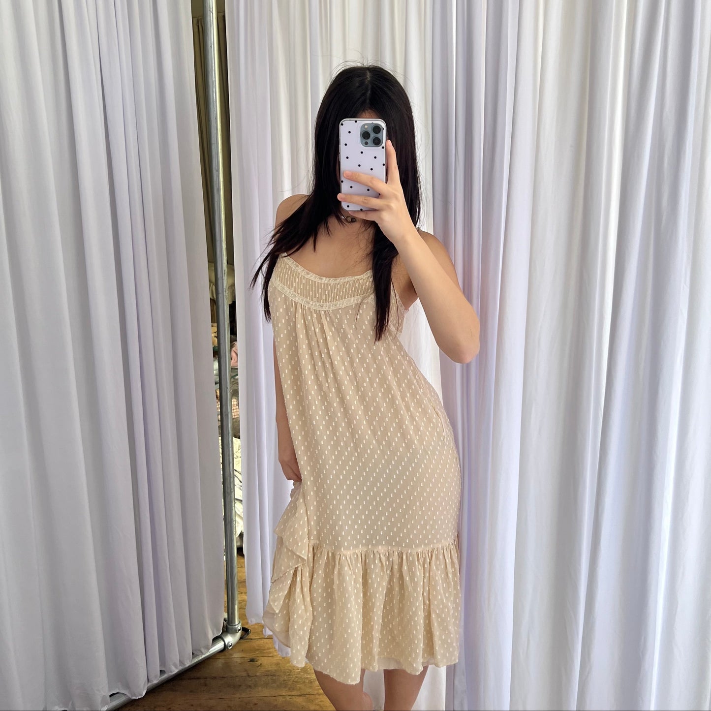 Rebecca Taylor Cream Silk Blend Polka Dot Drop Waist Ruffle Hem Maxi Dress