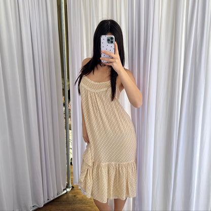 Rebecca Taylor Cream Silk Blend Polka Dot Drop Waist Ruffle Hem Maxi Dress