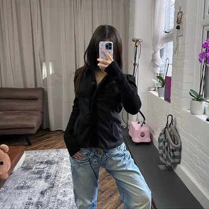 nell & me black merino wool blend mix material blocking long sleeve collared cardigan jacket