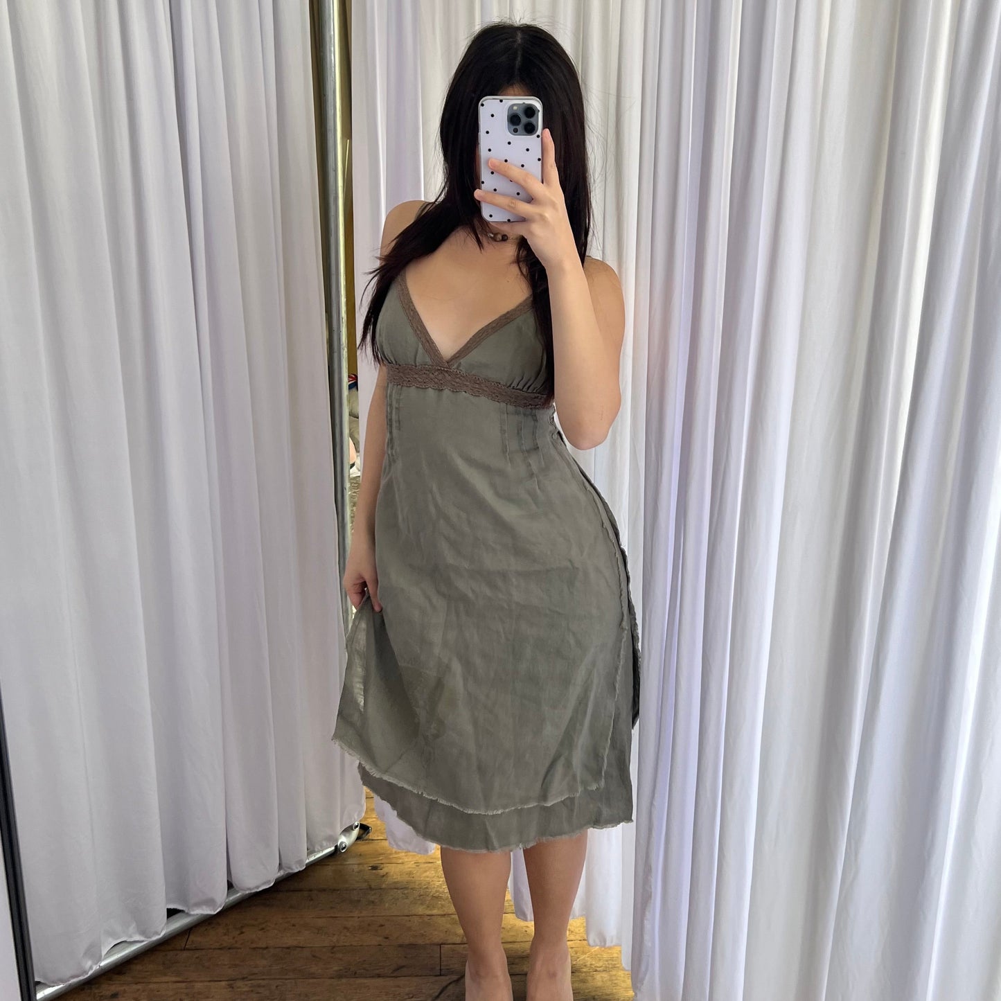 Rwd Jeans Khaki Lacey A Line Graphic Hem Midi Dress