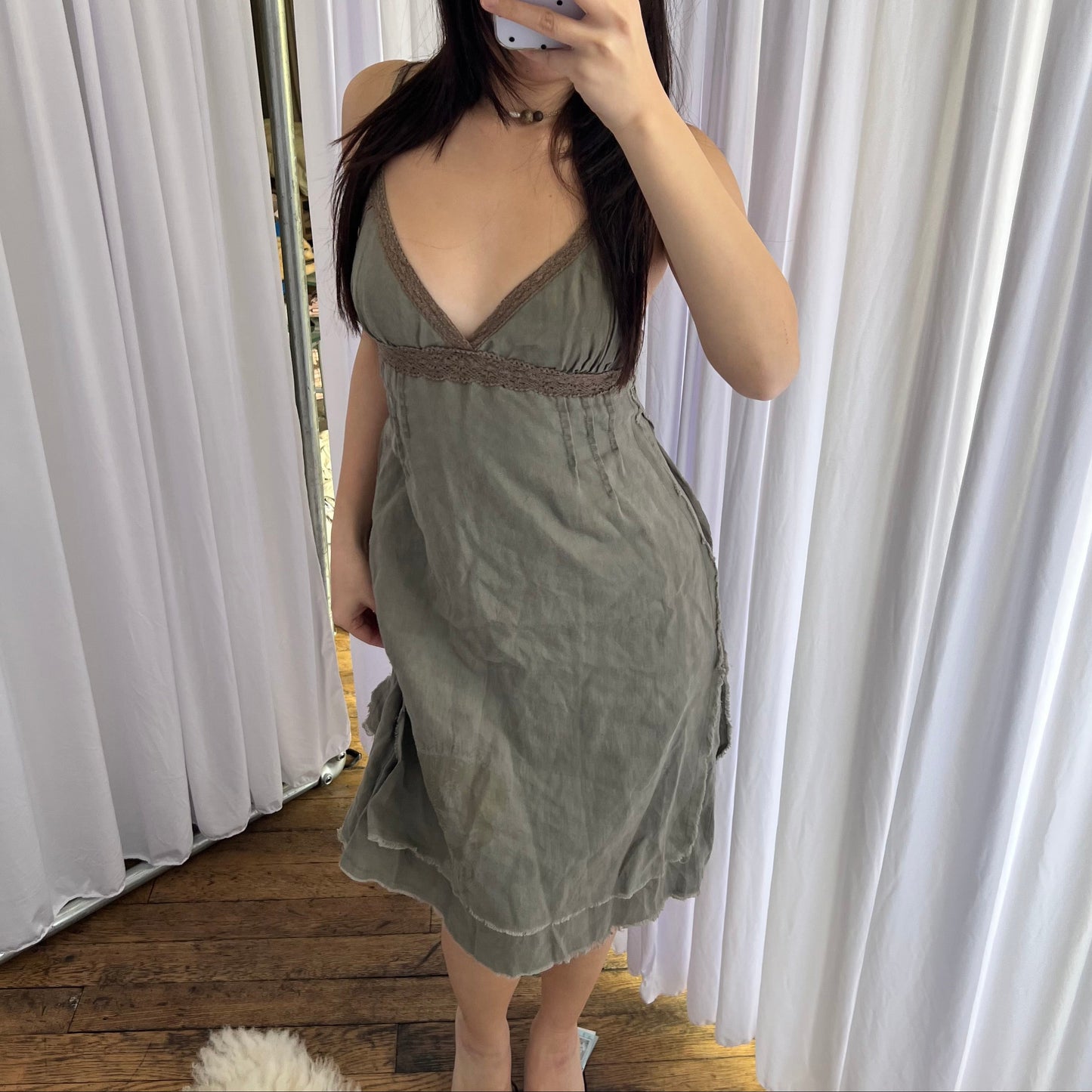 Rwd Jeans Khaki Lacey A Line Graphic Hem Midi Dress