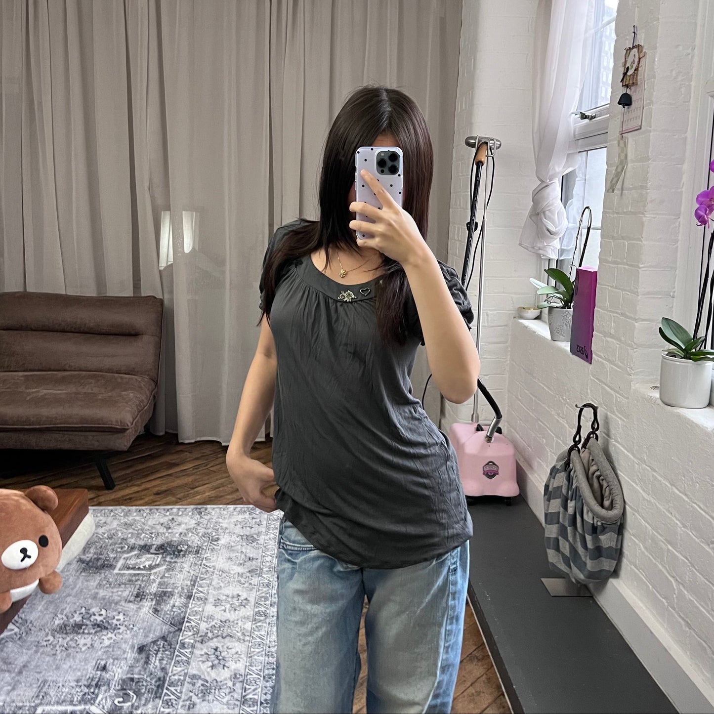 galliano dark grey puff sleeve gothic charm babydoll tunic blouse