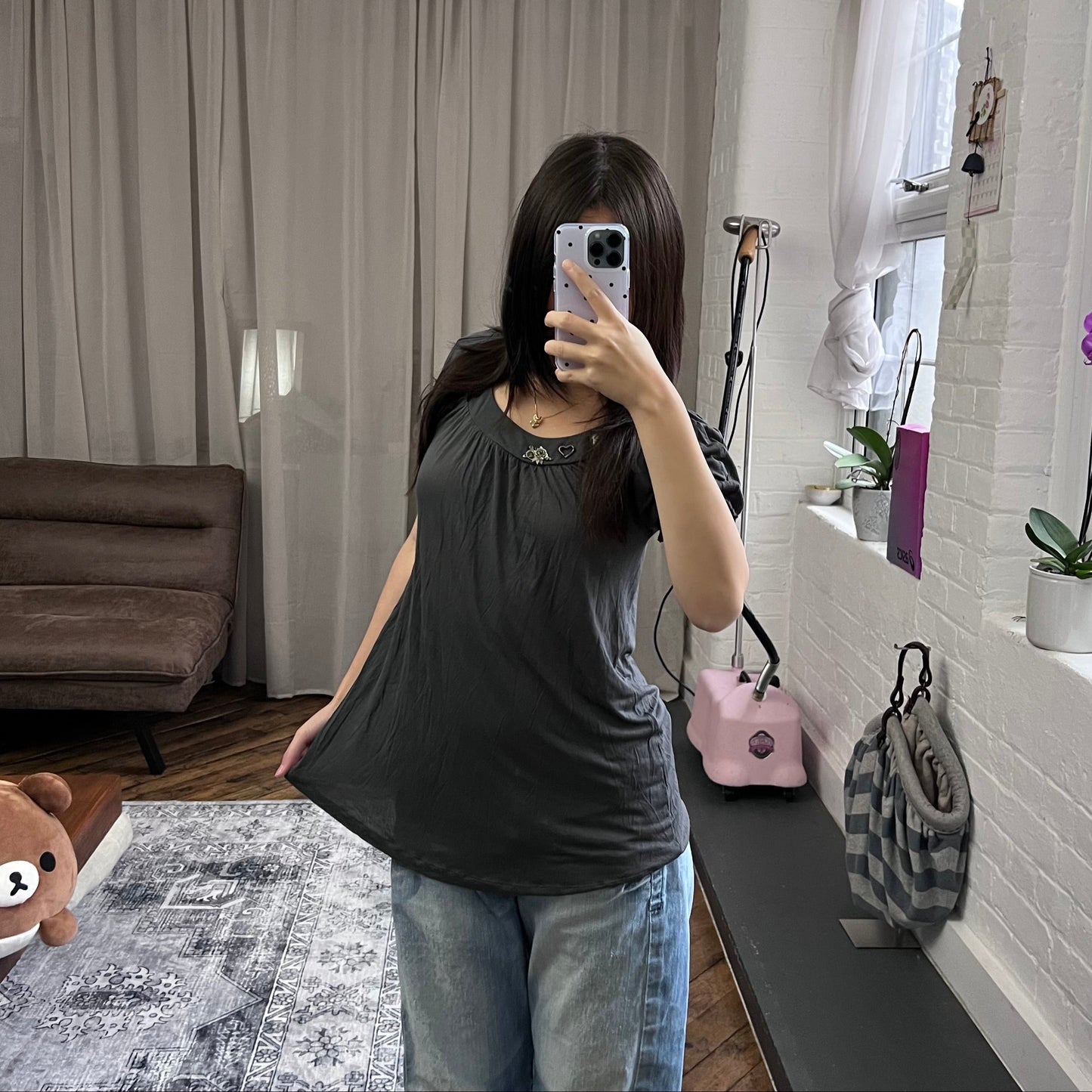 galliano dark grey puff sleeve gothic charm babydoll tunic blouse