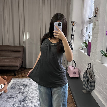 galliano dark grey puff sleeve gothic charm babydoll tunic blouse