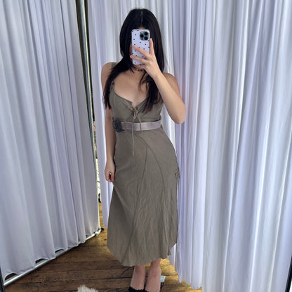 Bouche a Bouche Khaki Faux Suede Lace Up Ornate Filgament Belt Fitted Midi Dress