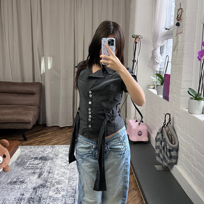 extyn dark grey black short sleeve collared mother of pearl shirt blouse