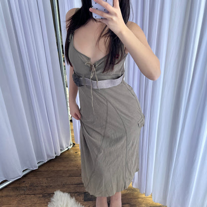Bouche a Bouche Khaki Faux Suede Lace Up Ornate Filgament Belt Fitted Midi Dress