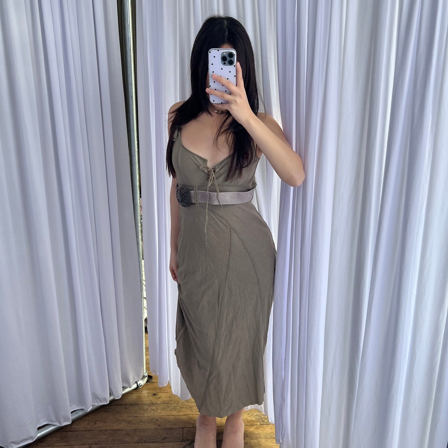 Bouche a Bouche Khaki Faux Suede Lace Up Ornate Filgament Belt Fitted Midi Dress