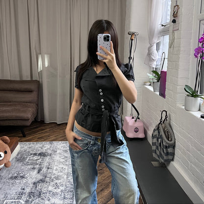 extyn dark grey black short sleeve collared mother of pearl shirt blouse