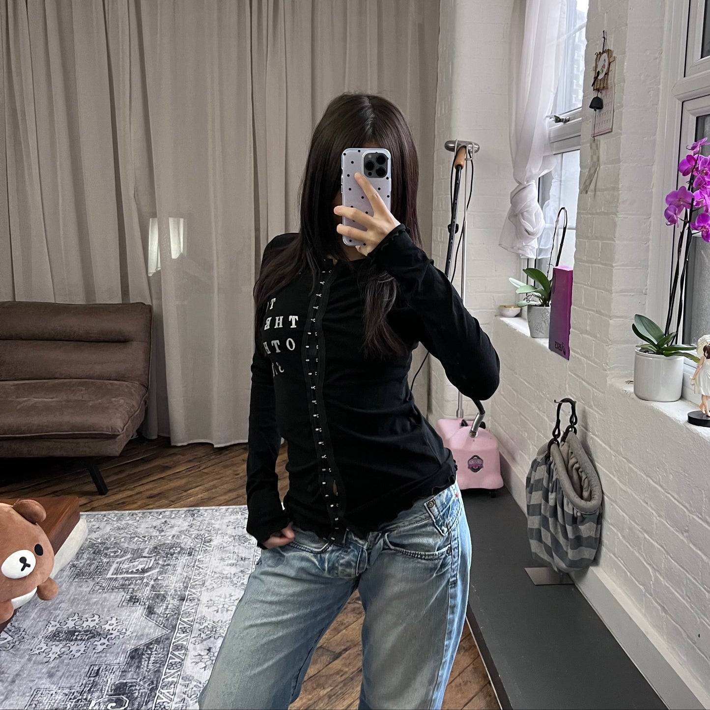 90s vintage hysterics black hook and eye graphic print text long sleeve top