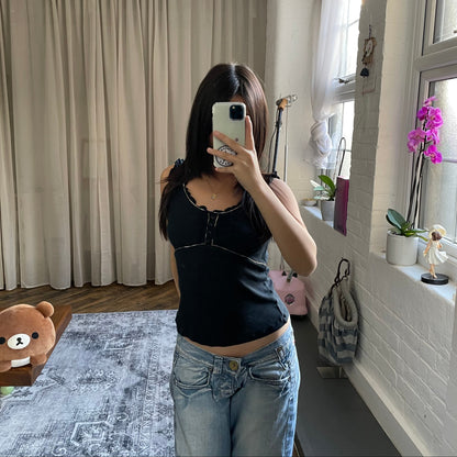 burberry blue label black balletcore frill nova check piping milkmaid style vest top