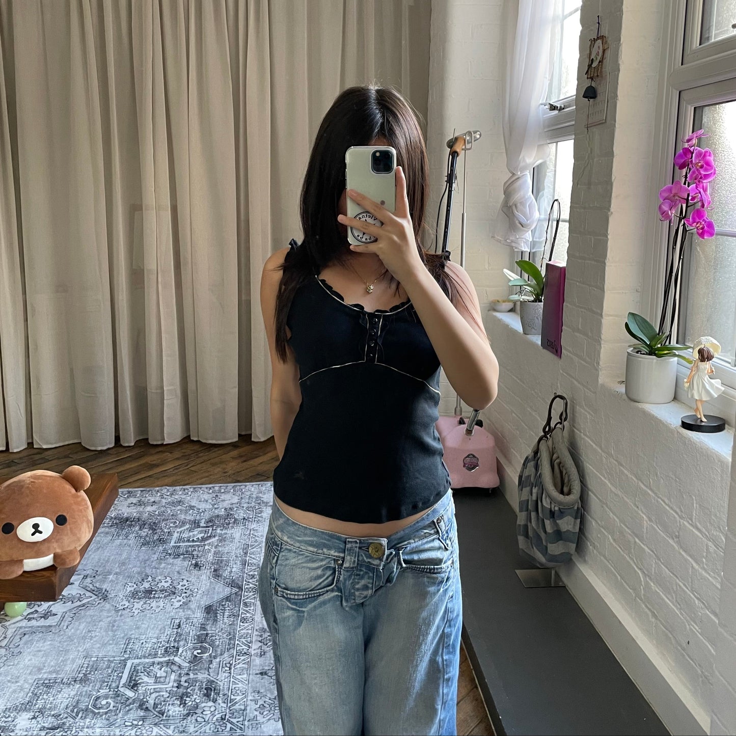 burberry blue label black balletcore frill nova check piping milkmaid style vest top