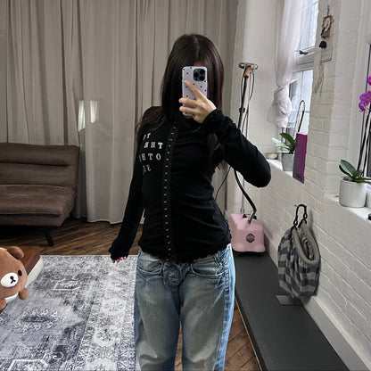 90s vintage hysterics black hook and eye graphic print text long sleeve top