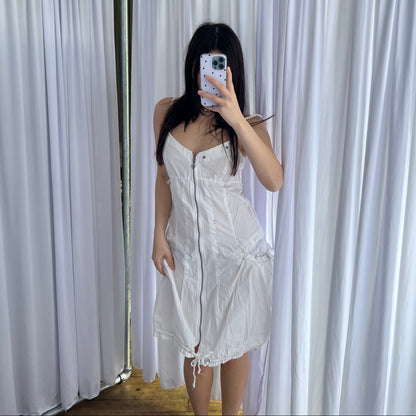 La Mode Est a Vous White Bubble Hem Utility Ruched Pocket Zip Midi Dress