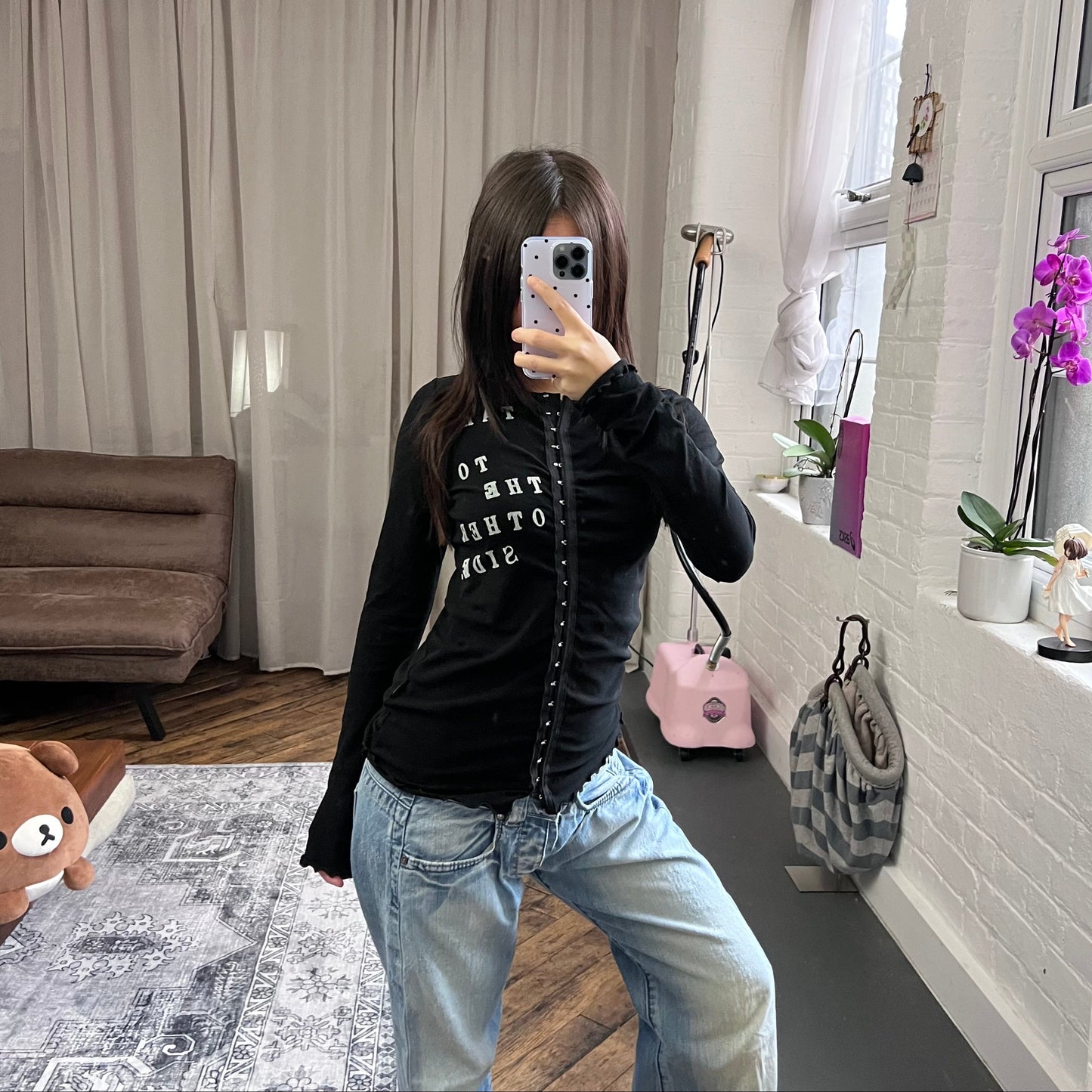 90s vintage hysterics black hook and eye graphic print text long sleeve top