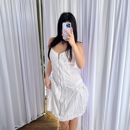 La Mode Est a Vous White Bubble Hem Utility Ruched Pocket Zip Midi Dress