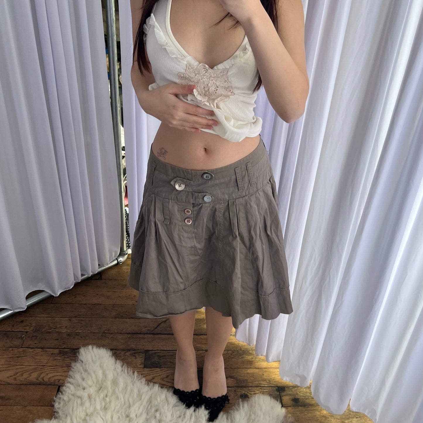 One Step Brown Flared Embroidery Patch Drop Waist Button Accent Midi Skirt