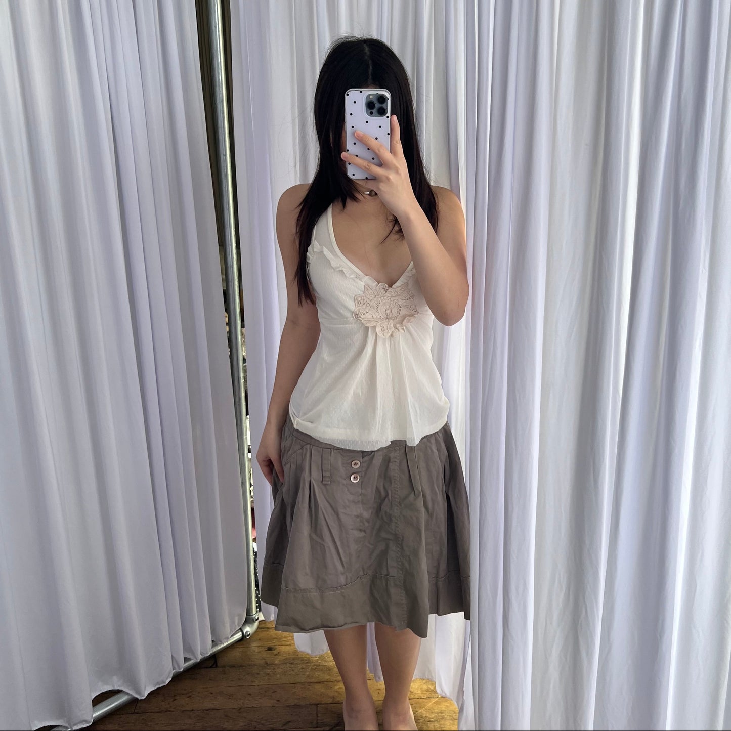 One Step Brown Flared Embroidery Patch Drop Waist Button Accent Midi Skirt