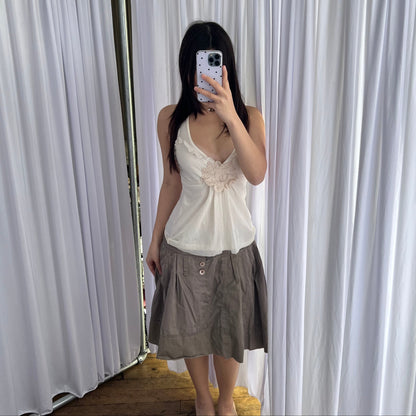 One Step Brown Flared Embroidery Patch Drop Waist Button Accent Midi Skirt