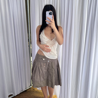 One Step Brown Flared Embroidery Patch Drop Waist Button Accent Midi Skirt
